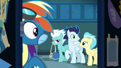Size: 1920x1080 | Tagged: safe, screencap, fleetfoot, misty fly, rainbow dash, soarin', pegasus, pony, g4, grannies gone wild, bag, bedroom eyes, clothes, female, frown, goggles, grin, lidded eyes, lip bite, locker room, male, mare, mouth hold, raised hoof, smiling, stallion, surprised, uniform, wonderbolts uniform