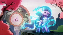 Size: 2667x1500 | Tagged: safe, artist:light262, part of a set, mistmane, pony, unicorn, art pack:heroes ep, campfire tales, g4, shadow play, clothes, curved horn, female, floppy ears, horn, jycrow, magic, mare, misleading thumbnail, smiling, solo, tree, wallpaper