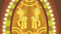 Size: 1920x1080 | Tagged: safe, screencap, flam, flim, g4, grannies gone wild, architecture, background, door, flim flam brothers, gold, las pegasus, liminal space, no pony, scenic ponyville