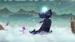 Size: 1280x720 | Tagged: safe, screencap, princess luna, snowfall frost, spirit of hearth's warming yet to come, starlight glimmer, a hearth's warming tail, g4, ice, luna's future, singing, snow