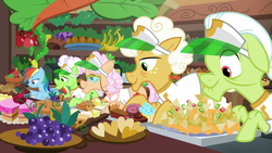 Size: 1920x1080 | Tagged: safe, screencap, apple rose, auntie applesauce, goldie delicious, granny smith, rainbow dash, earth pony, pegasus, pony, g4, grannies gone wild, buffet, chips, female, food, gold horseshoe gals, mare, nachos
