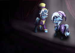 Size: 1189x841 | Tagged: safe, artist:calena, jack pot, trixie, pony, unicorn, g4, grannies gone wild, awkward, awkward moment, blurry background, cape, clothes, curtains, father and daughter, female, glitter, hat, male, stage, stallion, top hat, trixie's cape, trixie's hat