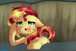 Size: 3000x2000 | Tagged: safe, artist:nekowyn, sunset shimmer, pony, unicorn, equestria girls, g4, my little pony equestria girls, colored pupils, crater, crying, equestria girls ponified, female, high res, mare, messy mane, ponified, sad, scene interpretation, solo, sunsad shimmer