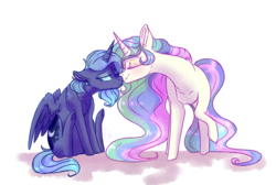 Size: 2769x1865 | Tagged: dead source, safe, artist:yomitai, princess celestia, princess luna, alicorn, pony, g4, duo, female, mare, nuzzling, royal sisters, s1 luna, sibling love, siblings, simple background, sisterly love, sisters, sitting, white background