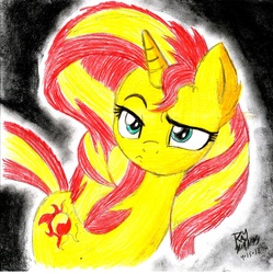 Size: 1688x1696 | Tagged: safe, artist:radiancebreaker, sunset shimmer, pony, unicorn, equestria girls, equestria girls series, forgotten friendship, g4, most likely to be forgotten, female, sassy, solo, traditional art