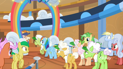 Size: 1200x675 | Tagged: safe, screencap, apple rose, auntie applesauce, dave the intern, fiery fricket, goldie delicious, granny smith, lightning riff, rainbow dash, saturn (g4), silver waves, wintergreen, earth pony, pegasus, pony, unicorn, g4, grannies gone wild, background pony, butt, clothes, discovery family logo, elderly, female, gold horseshoe gals, las pegasus resident, male, mare, plot, shirt, stallion, t-shirt, visor, wild blue yonder