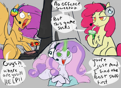 Size: 1280x931 | Tagged: safe, artist:veesocks, apple bloom, scootaloo, sweetie belle, earth pony, pegasus, pony, unicorn, g4, 30 minute art challenge, chest fluff, controller, cutie mark crusaders, gamer belle, headphones, older, older apple bloom, older scootaloo, older sweetie belle, video game