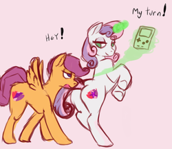 Size: 524x454 | Tagged: safe, artist:ritzraptor, scootaloo, sweetie belle, pegasus, pony, unicorn, g4, 30 minute art challenge, butt, cute, game boy, magic, plot, sketch, telekinesis