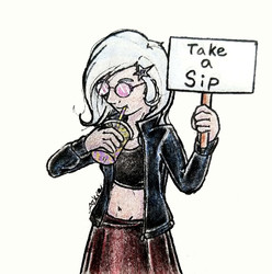 Size: 2148x2168 | Tagged: safe, artist:azkre, trixie, human, g4, drink, drinking, female, high res, humanized, sign, solo, sunglasses, traditional art