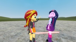 Size: 1366x768 | Tagged: safe, artist:artofmagicpoland, sunset shimmer, twilight sparkle, alicorn, equestria girls, g4, 3d, corrupted, crossover, gmod, sith, source filmmaker, this will end in death, twilight sparkle (alicorn)