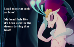 Size: 1152x729 | Tagged: safe, edit, edited screencap, editor:korora, screencap, queen novo, seapony (g4), g4, my little pony: the movie, bioluminescent, clothes, cropped, crown, eyebrows, eyelashes, eyes closed, eyeshadow, facefin, facepalm, fin wings, fins, headache, jewelry, makeup, ocean, peytral, regalia, scales, seaquestria, see-through, solo, spread wings, swimming, teeth, text, throne room, underwater, water, wings