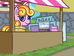 Size: 800x600 | Tagged: safe, artist:rangelost, oc, oc only, earth pony, pony, cyoa:d20 pony, bread, building, cake, colored, cute, cyoa, description is relevant, female, food, food stand, grass, looking at you, mare, market, ocbetes, pixel art, shop, shopkeeper, smiling, solo, story included