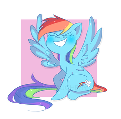 Size: 1667x1639 | Tagged: safe, artist:drawbauchery, rainbow dash, pegasus, pony, g4, blushing, cute, dashabetes, eyes closed, female, mare, simple background, smiling, solo, spread wings, wings