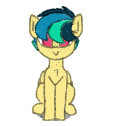 Size: 1000x1100 | Tagged: safe, artist:lionheart, oc, oc only, oc:apogee, pegasus, pony, :>, chest fluff, crayon effect, female, filly, freckles, looking at you, simple background, sitting, smiling, solo, white background