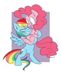 Size: 1168x1417 | Tagged: safe, artist:drawbauchery, pinkie pie, rainbow dash, earth pony, pegasus, pony, g4, blushing, carrying, female, lesbian, looking at each other, mare, ship:pinkiedash, shipping, smiling