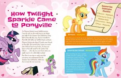 Size: 1020x655 | Tagged: safe, applejack, rainbow dash, spike, twilight sparkle, alicorn, dragon, earth pony, pony, friendship is magic, g4, official, ultimate guide, book, implied fluttershy, implied princess celestia, implied rarity, quill, raised hoof, stock vector, text, twilight sparkle (alicorn)