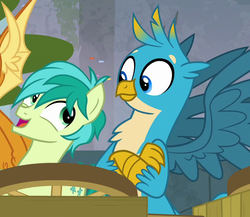 Size: 828x720 | Tagged: safe, screencap, gallus, sandbar, smolder, earth pony, griffon, pony, g4, school daze, claws, cropped, male, smiling, stallion, wings