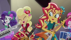 Size: 1280x720 | Tagged: safe, applejack, pinkie pie, rarity, sunset shimmer, equestria girls, g4, my little pony equestria girls: legend of everfree, drums, guitar, keytar, legend you were meant to be, musical instrument, singing