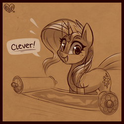 Size: 800x799 | Tagged: safe, artist:meekcheep, sunset shimmer, pony, unicorn, equestria girls, equestria girls series, forgotten friendship, g4, cute, female, looking at you, mare, monochrome, scroll, sepia, shimmerbetes, sketch, solo