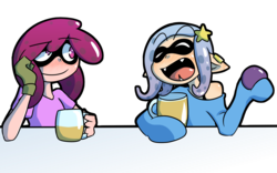 Size: 1330x829 | Tagged: safe, artist:flan, berry punch, berryshine, trixie, inkling, g4, blushing, crossover, drinking glass, drunk, fangs, hairpin, happy, piercing, simple background, species swap, splatoon, splatoon 2, transparent background