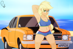 Size: 2500x1681 | Tagged: safe, artist:phyll, applejack, equestria girls, g4, arm behind head, armpits, beach, belly button, breasts, busty applejack, car, chevrolet, chevrolet opala, clothes, female, freckles, grin, hips, smiling, swimsuit, tan lines, tanned