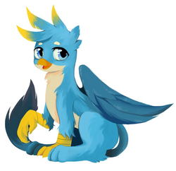 Size: 690x667 | Tagged: safe, artist:yoonny92, gallus, griffon, g4, folded wings, looking at you, male, raised claw, simple background, sitting, solo