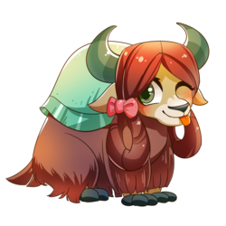 Size: 3500x3500 | Tagged: safe, artist:renokim, yona, yak, g4, school daze, :p, bow, cloven hooves, cute, female, hair bow, high res, looking at you, monkey swings, one eye closed, silly, simple background, solo, tongue out, transparent background, wink, yonadorable
