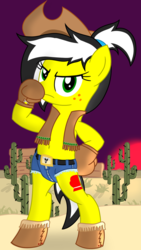 Size: 1080x1920 | Tagged: safe, artist:toyminator900, oc, oc only, oc:uppercute, earth pony, pony, belly button, belt, bipedal, boots, boxing gloves, cactus, clothes, cowboy hat, daisy dukes, desert, freckles, hat, looking at you, shoes, shorts, solo, stetson, sun