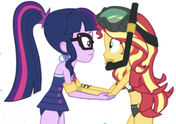 Size: 1253x881 | Tagged: safe, edit, edited screencap, editor:php77, screencap, sci-twi, sunset shimmer, twilight sparkle, human, equestria girls, g4, my little pony equestria girls: better together, unsolved selfie mysteries, background removed, beach shorts swimsuit, bikini, bikini top, clothes, duo, duo female, female, glasses, goggles, holding hands, not a vector, one-piece swimsuit, ponytail, simple background, snorkel, sunset shimmer's beach shorts swimsuit, swimsuit, transparent background