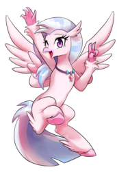 Size: 2400x3500 | Tagged: safe, artist:dilandau203, silverstream, classical hippogriff, hippogriff, g4, school daze, cute, diastreamies, female, high res, jewelry, necklace, one eye closed, open mouth, purple eyes, simple background, smiling, solo, spread wings, tail, transparent background, wings