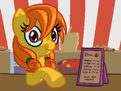 Size: 800x600 | Tagged: safe, artist:rangelost, oc, oc only, oc:autumn gold, earth pony, pony, cyoa:d20 pony, apple, colored, cookie, cyoa, description is relevant, female, food, looking at you, mare, market, menu, pixel art, shop, shopkeeper, sign, solo, story included