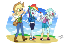 Size: 1024x709 | Tagged: safe, artist:blood-asp0123, applejack, lyra heartstrings, rainbow dash, equestria girls, g4, my little pony equestria girls: better together, clothes, converse, crossover, poké ball, pokémon, pokémon trainer, request, shoes, skirt, sneakers