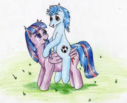 Size: 2639x2138 | Tagged: safe, artist:40kponyguy, derpibooru exclusive, twilight sparkle, oc, oc:dj silver, alicorn, pony, unicorn, g4, ear fluff, grass, high res, looking at each other, male, ponies riding ponies, requested art, riding, stallion, traditional art, twilight sparkle (alicorn)