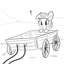 Size: 1650x1650 | Tagged: safe, artist:tjpones, twilight sparkle, alicorn, pony, g4, the cart before the ponies, black and white, cart, chest fluff, confused, cute, ear fluff, female, frown, grayscale, mare, monochrome, pun, question mark, raised eyebrow, simple background, solo, twilight sparkle (alicorn), visual pun, white background