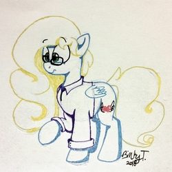 Size: 2116x2115 | Tagged: safe, artist:binkyt11, derpibooru exclusive, oc, oc only, oc:saving grace, pegasus, pony, female, glasses, high res, mare, raised hoof, simple background, smiling, solo, style emulation, traditional art, white background