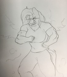 Size: 1116x1280 | Tagged: safe, artist:zacharyisaacs, fluttershy, pegasus, anthro, g4, all might, angry, biceps, breasts, busty fluttershy, clenched fist, clothes, female, gritted teeth, mare, monochrome, muscles, muscleshy, my hero academia, one for all, pants, quirked pony, shiny eyes, shirt, simple background, sketch, solo, this will not end well, traditional art, using quirk