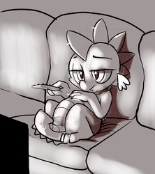 Size: 1305x1470 | Tagged: safe, artist:gsphere, spike, dragon, g4, bored, couch, grayscale, male, monochrome, remote, sitting, sketch, solo, television