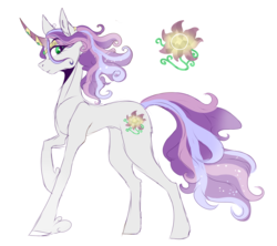 Size: 2913x2592 | Tagged: safe, artist:anyatrix, oc, oc only, oc:dawn gem, pony, unicorn, curved horn, cutie mark, female, high res, horn, horn jewelry, jewelry, looking at you, mare, next generation, offspring, parent:king sombra, parent:princess celestia, parents:celestibra, profile, reference sheet, solo, unshorn fetlocks