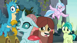 Size: 1280x720 | Tagged: safe, screencap, gallus, ocellus, sandbar, silverstream, yona, changedling, changeling, classical hippogriff, earth pony, griffon, hippogriff, pony, yak, g4, school daze