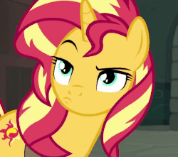 Size: 450x398 | Tagged: safe, edit, screencap, sunset shimmer, pony, equestria girls, equestria girls specials, g4, my little pony equestria girls: better together, my little pony equestria girls: forgotten friendship, animated, cropped, female, gif, horn, raised eyebrow, solo, sunset shimmer is not amused, unamused
