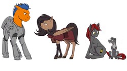 Size: 4881x2745 | Tagged: safe, artist:renniksarts, derpibooru exclusive, edit, oc, oc only, oc:orange kyanite, oc:quillwright, oc:wick, oc:willow wisp, dog, earth pony, pegasus, pony, unicorn, fallout equestria, armor, combined images, fallout equestria: of shadows, fanfic art, group, power armor, scribe, silly, simple background, steel ranger, steel ranger scribe, tongue out, wallpaper, wallpaper edit, white background
