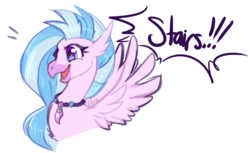 Size: 1278x781 | Tagged: safe, artist:meep, silverstream, classical hippogriff, hippogriff, g4, school daze, bust, chest fluff, cute, diastreamies, excited, eyes on the prize, female, happy, jewelry, necklace, open mouth, reflection, simple background, smiling, solo, speech bubble, spread wings, that hippogriff sure does love stairs, white background, wings