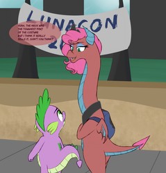 Size: 1225x1280 | Tagged: safe, artist:astr0zone, mina, spike, dragon, g4, city, clothes, convention, cosplay, costume, dialogue, duo, impossibly long neck, long neck, lunacon, male, necc, sidewalk