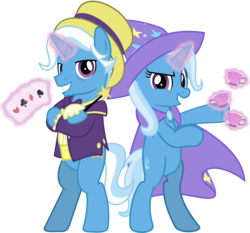 Size: 5051x4716 | Tagged: safe, artist:jhayarr23, jack pot, trixie, pony, unicorn, g4, grannies gone wild, absurd resolution, bipedal, card, clothes, crossed arms, cup, father and daughter, female, glowing horn, hat, horn, levitation, looking at you, magic, magic wand, male, mare, playing card, pose, simple background, smiling, smirk, stallion, teacup, telekinesis, that pony sure does love teacups, transparent background, vector