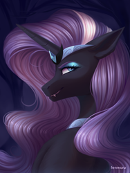 Size: 1500x2000 | Tagged: safe, artist:fenwaru, nightmare rarity, pony, unicorn, g4, dark, eyeshadow, fangs, female, jewelry, looking at you, looking over shoulder, makeup, mare, regalia, solo, tree