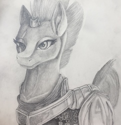 Size: 2286x2358 | Tagged: safe, artist:portalsmeow, tempest shadow, pony, unicorn, g4, my little pony: the movie, armor, broken horn, eye scar, female, graphite sketch, high res, horn, scar, solo, traditional art