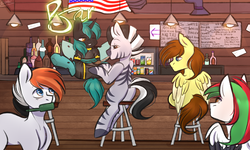 Size: 5000x3000 | Tagged: safe, artist:pesty_skillengton, oc, oc only, oc:04, changepony, hybrid, pegasus, pony, zebra, alcohol, background pony, bar, beer, bodypaint, mouth hold, tail wrap, zebra oc