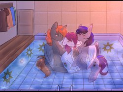 Size: 2560x1920 | Tagged: safe, artist:pesty_skillengton, oc, oc only, pegasus, pony, unicorn, blushing, cute, gay, jacuzzi, male, water