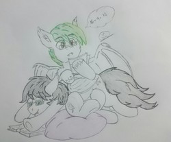 Size: 2614x2160 | Tagged: safe, artist:skipper arias, oc, oc:skipper arias, bat pony, bat pony oc, green eyes, high res, love, sketch, traditional art, white