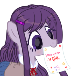 Size: 1024x1083 | Tagged: safe, artist:xmelodyskyx, earth pony, pony, spoiler:doki doki literature club, blood, clothes, critical research failure, death threat, doki doki literature club, female, implied blood, implied murder, mare, mouth hold, note, ponified, school uniform, simple background, solo, spoilers for another series, threat, transparent background, yandere, yuri (ddlc)